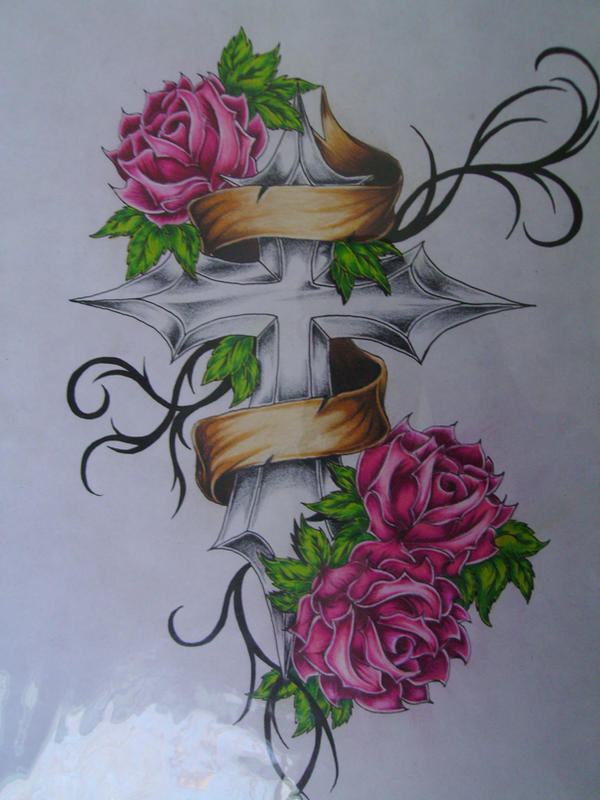 Cross banner rose tattoo flash
