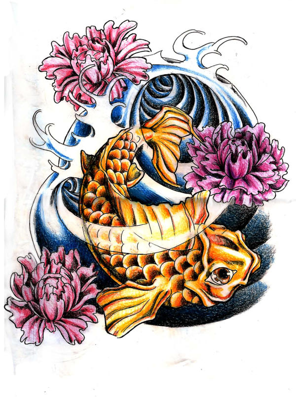 Koi Fish and Peony Flowers | Flower Tattoo
