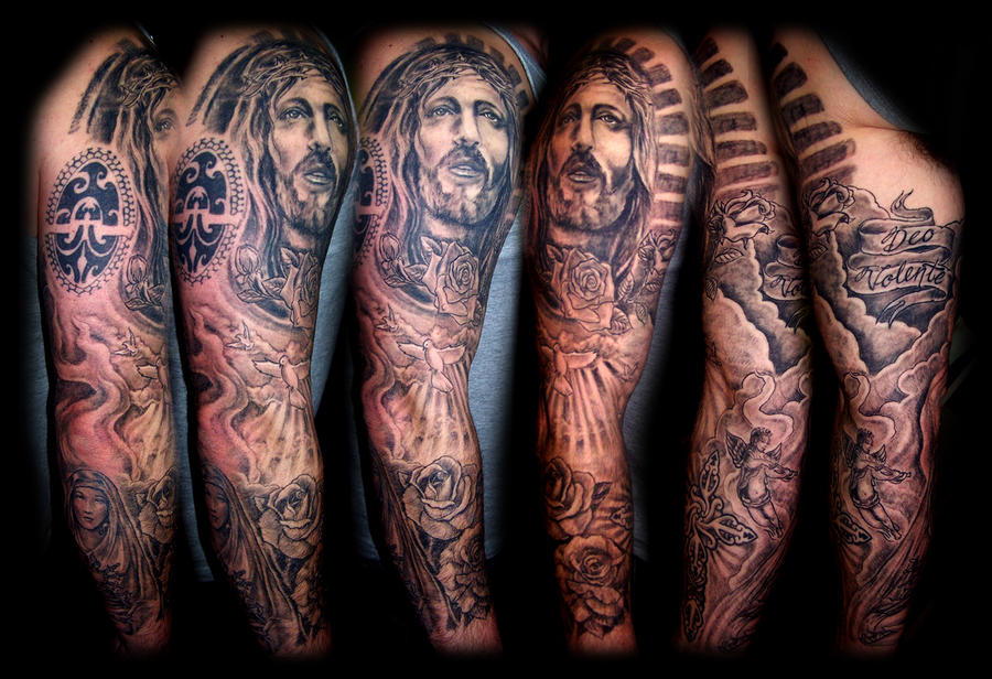 religious sleeve tattoos ideas. half sleeve tattoos. Religious