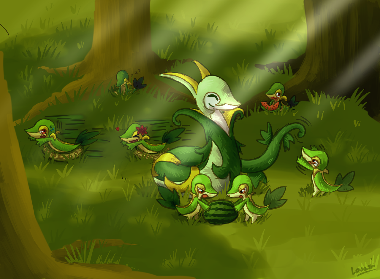 comm__serperior___snivy_family_by_lauzi-d41haw5.png