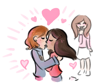 Neva and Amy kiss while pink hearts blossom around them. In the background, brown-haired Mary Sue smiles.